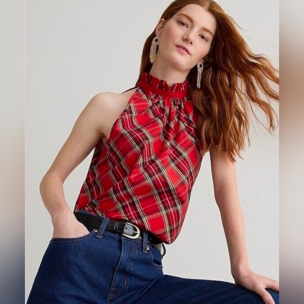 J. Crew ruffleneck sleeveless cotton poplin top in Good Tidings plaid SZ MEDIUM